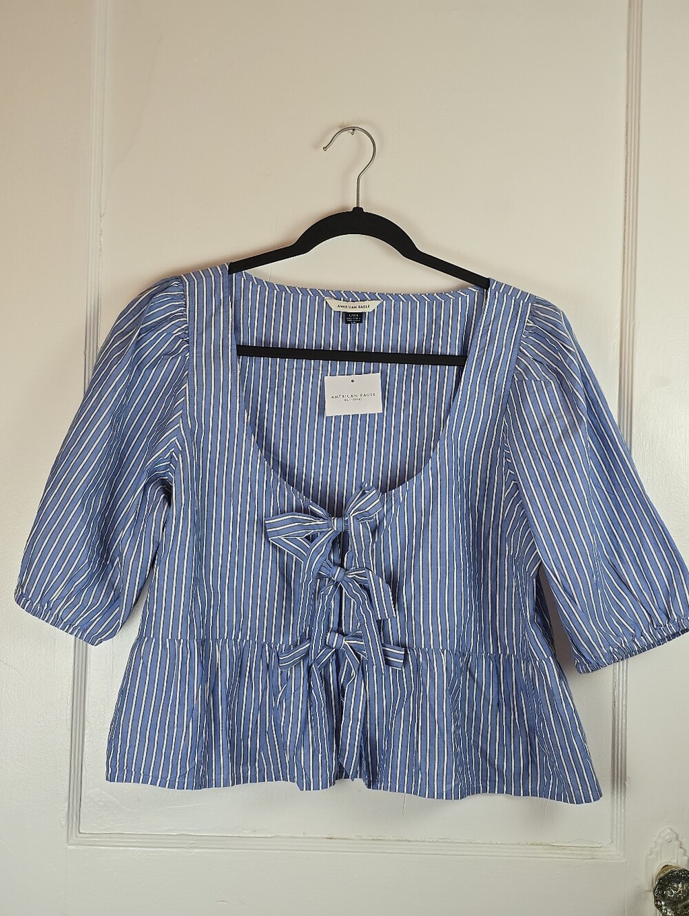 American Eagle Outfitters Blue Striped Cotton Cropped Peplum Blouse NEW  L